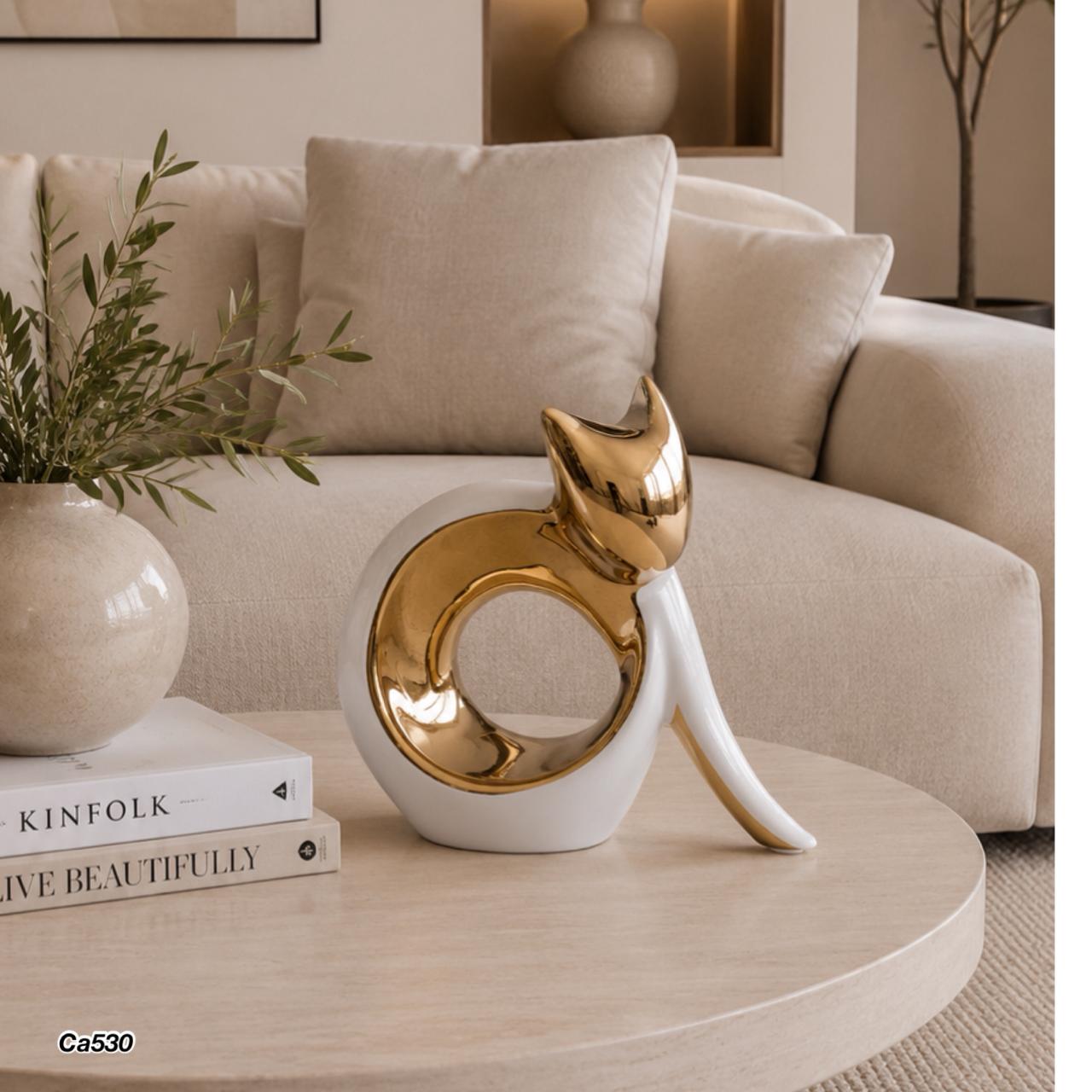 Articulo decorativo gato blanco con dorado diseño circulo 15,5cm* 6cm* 15cm